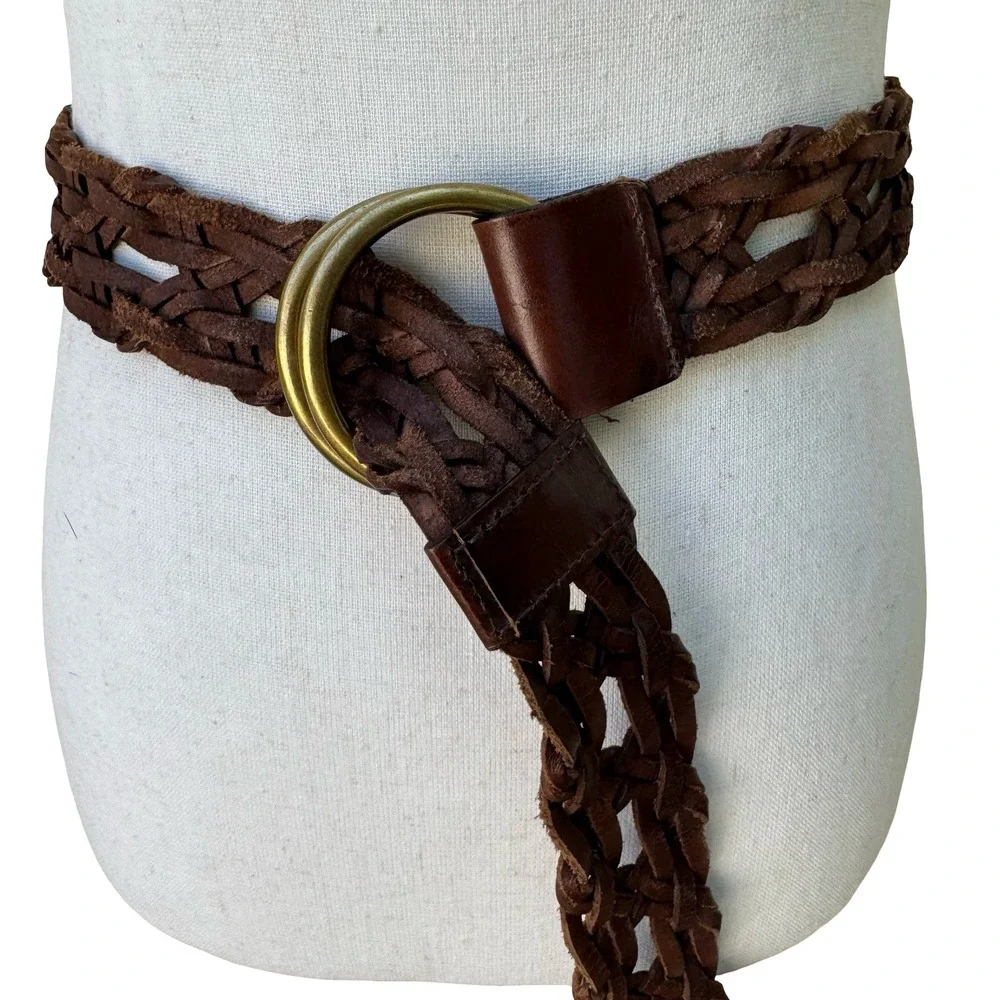 Vintage Wide Braided Leather Belt Double O-Ring Buckle Boho Western Woven Brown
